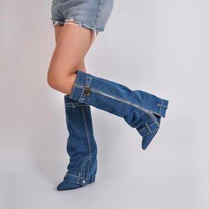 Women's Denim Western Over Calf Knee High Boots Sz 6